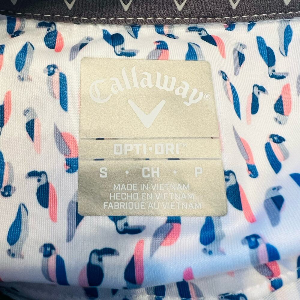 Callaway Men’s Golf Shirt Polo White Blue Pink Birds Size S Opti Dri NWT (A0130) - Picture 5 of 6